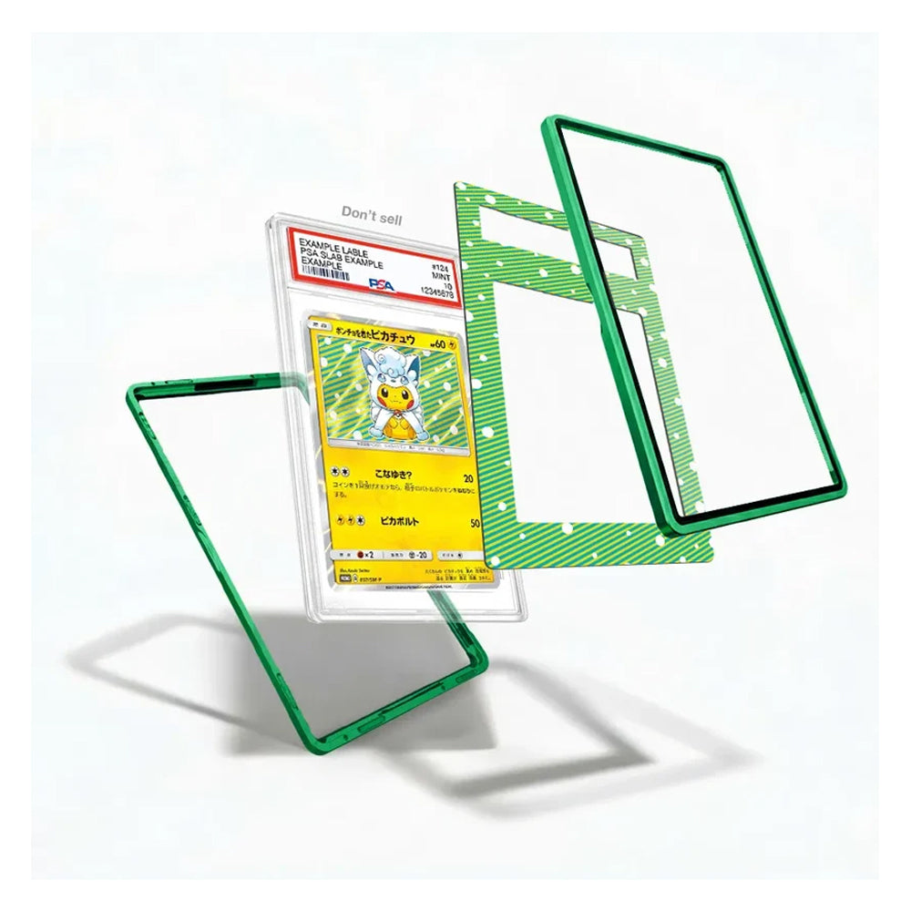 Three transparent protective card sleeves with green borders are displayed on a white background, with one sleeve holding a graded Pokémon card and another sleeve showing a yellow Pikachu card inside.
