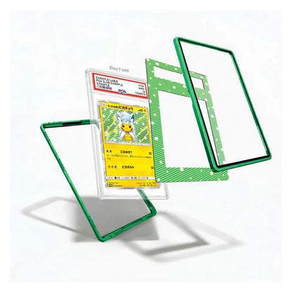 Three transparent protective card sleeves with green borders are displayed on a white background, with one sleeve holding a graded Pokémon card and another sleeve showing a yellow Pikachu card inside.