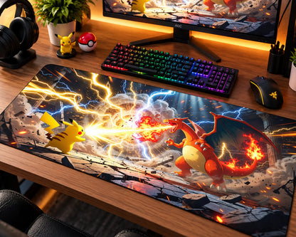 Pokemon gaming mouse pad featuring Pikachu firing a powerful yellow electric attack at Charizard, who responds with a fiery blast, surrounded by blue lightning, orange flames, sparks, and a dramatic battle arena.