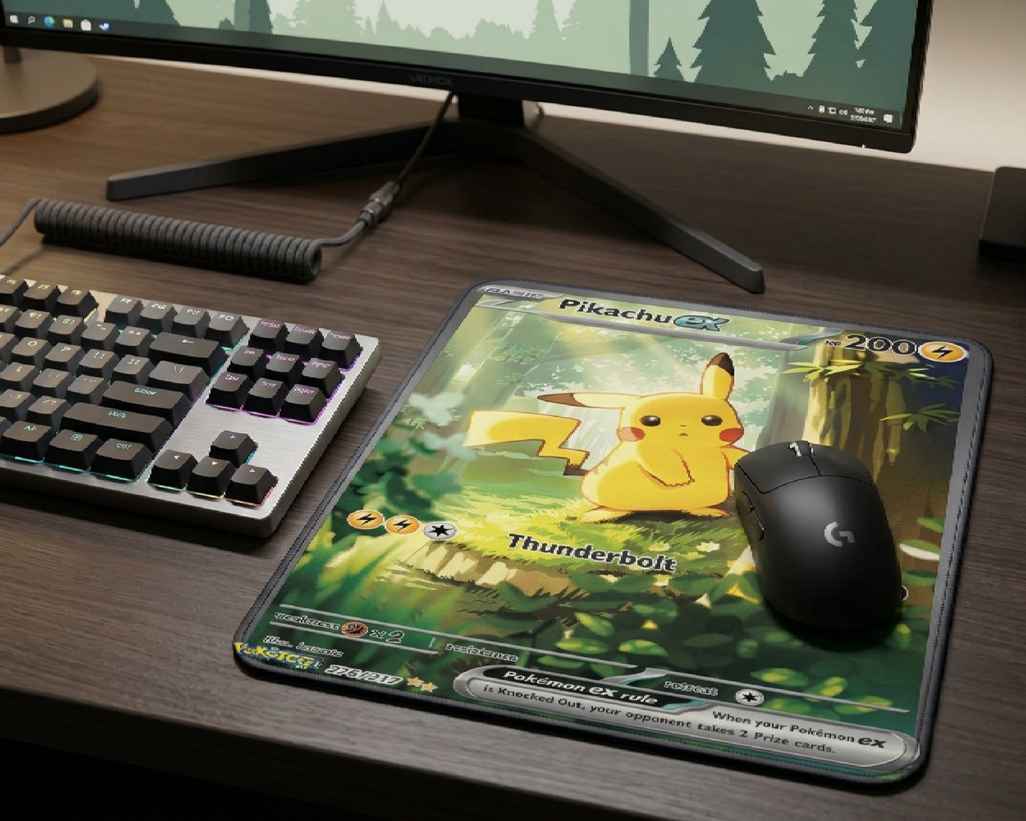 Pikachu EX Pokémon style mouse pad displayed in a clean RGB gaming setup with mechanical keyboard, widescreen monitor, and wireless gaming mouse