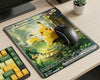 Pikachu EX Pokémon card inspired mouse pad with forest artwork on a modern gaming desk setup featuring RGB gaming mouse and custom mechanical keyboard