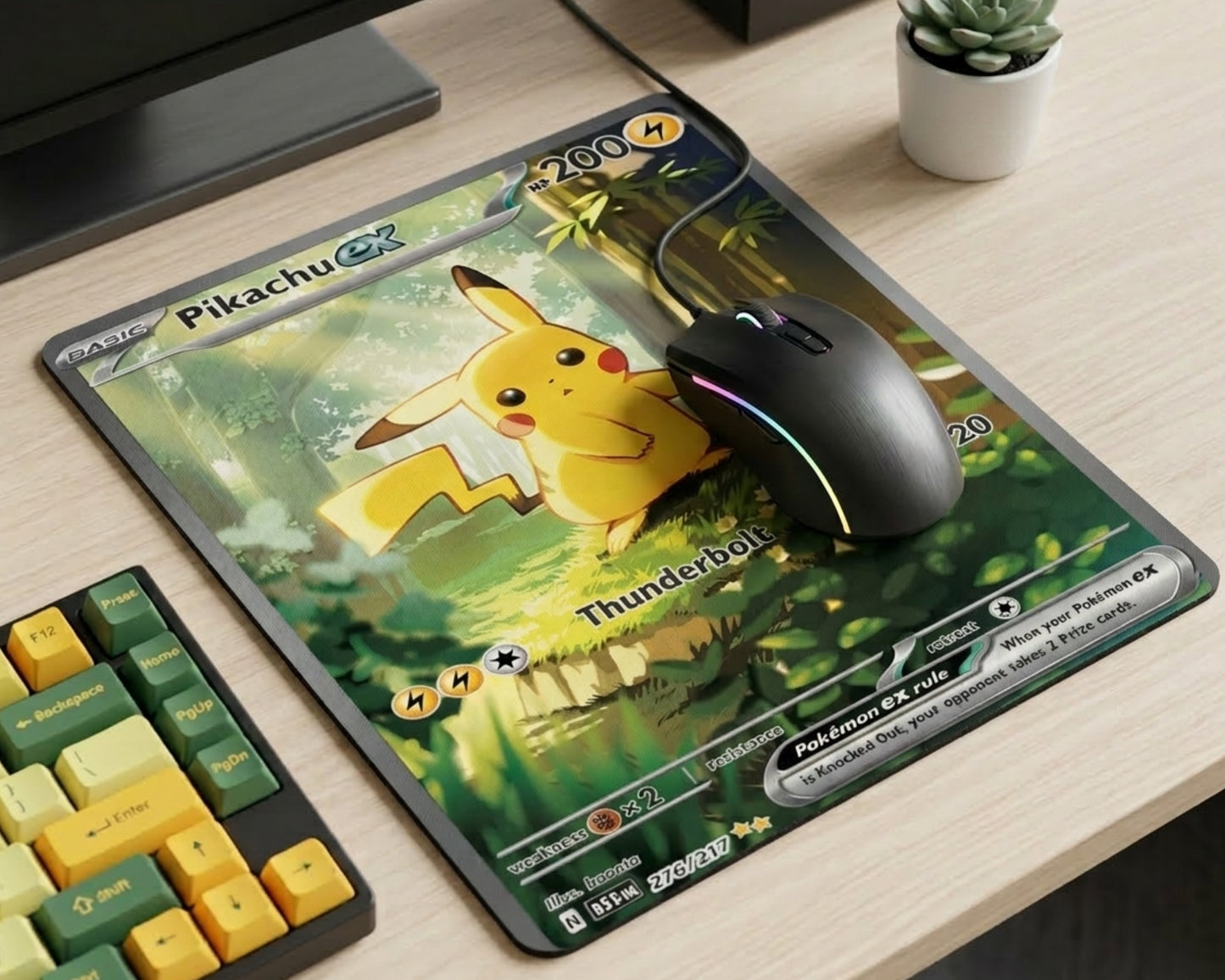 Pikachu EX Pokémon card inspired mouse pad with forest artwork on a modern gaming desk setup featuring RGB gaming mouse and custom mechanical keyboard