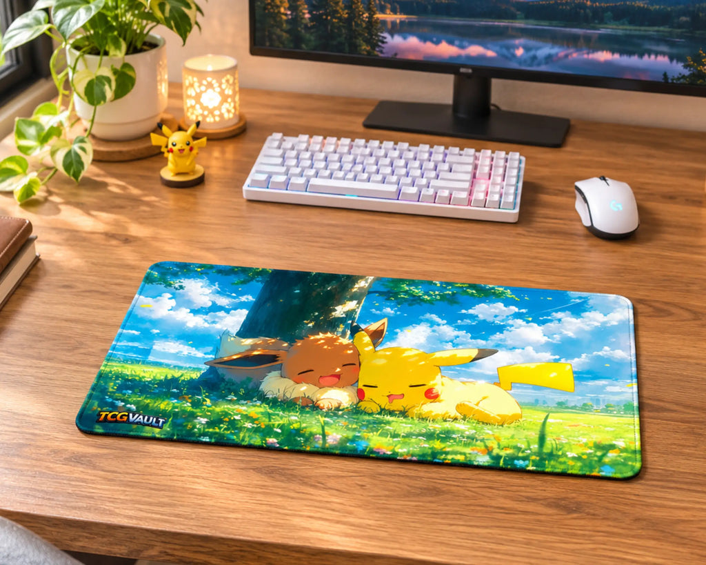 Pikachu and Eevee sleeping together in a sunny green meadow with colorful flowers, a large tree, and a bright blue sky on a Pokemon gaming mouse pad.