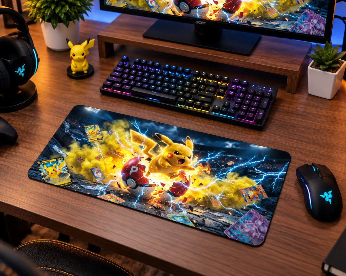 Pikachu surrounded by golden electric energy, blue lightning bolts, yellow smoke, Pokeballs, and scattered Pokemon trading cards on a dramatic dark Pokemon gaming mouse pad.