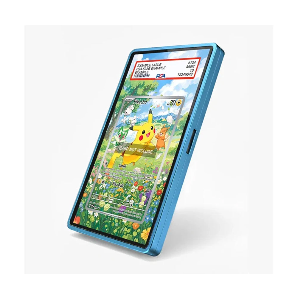 A blue protective phone case shown at an angle on a light gray background, featuring a clear screen protector with a Pikachu trading card design applied to the front.