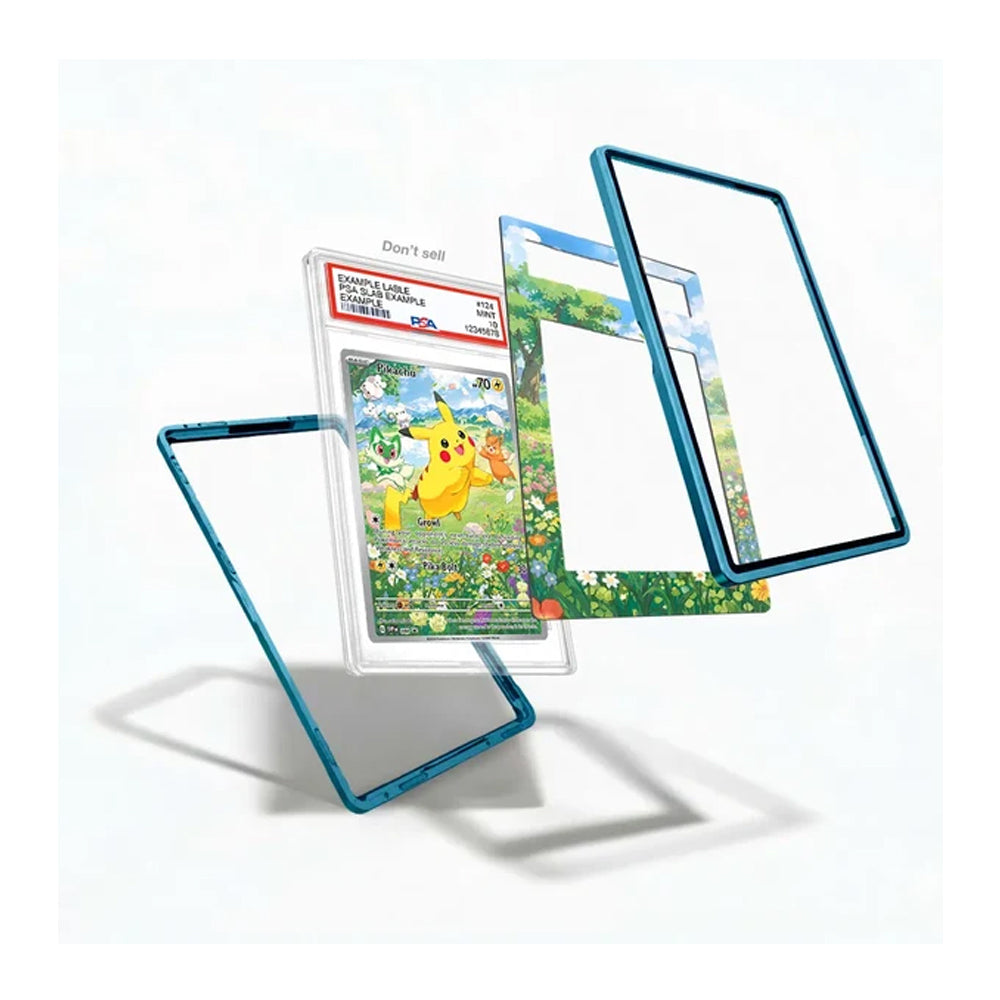 Three transparent acrylic card frames with blue edges are shown floating around a graded Pokémon TCG card featuring Pikachu. The product appears to be the frame set rather than the graded card itself, with no person, animal, or real environment present, so this is Product/Packaging.