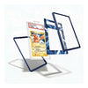 A clear acrylic display card holder with a dark blue border, shown in an exploded view with three floating frames around a sample card insert on a white background.