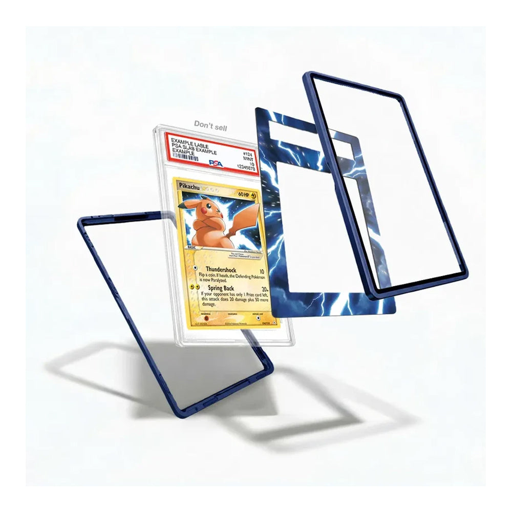 A clear acrylic display card holder with a dark blue border, shown in an exploded view with three floating frames around a sample card insert on a white background.