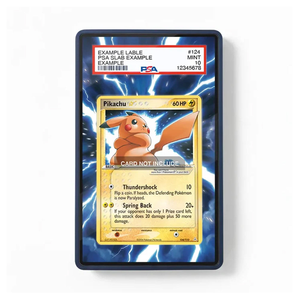 A PSA graded Pokémon trading card featuring Pikachu, displayed inside a clear protective slab with a blue lightning-patterned insert. The PSA grading label is visible at the top, and the slab is photographed on a clean white background.