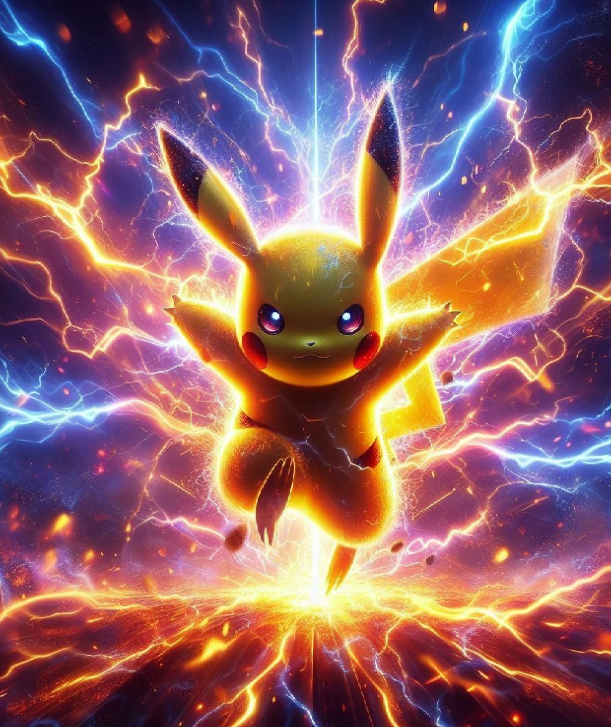 A glowing yellow Pikachu-like character centered against a dramatic cosmic background filled with blue and orange lightning, with a bright yellow energy burst at the bottom.