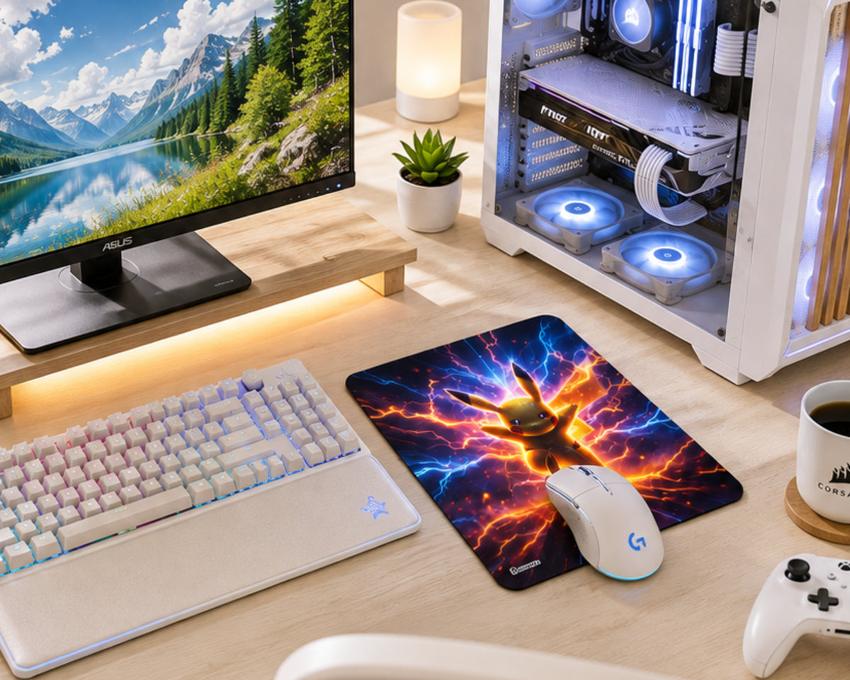 A gaming desk setup featuring a large mouse pad with a colorful lightning-bolt scene and a white Logitech mouse, alongside a white keyboard, monitor, PC tower, and other desk accessories on a light wood surface.