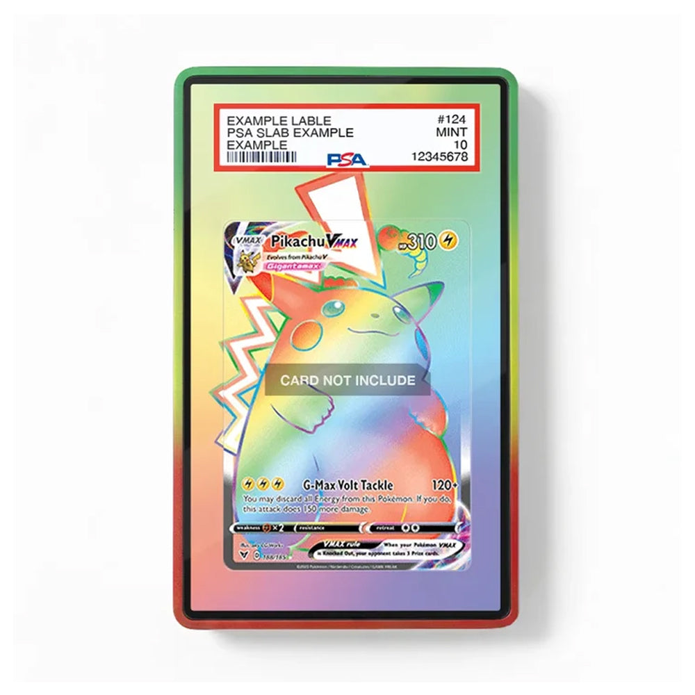 A PSA graded protective slab for a Pokémon trading card, featuring a colorful holographic gradient border with green, blue, and red edges. The slab has a clear plastic insert showing a sample Pikachu card with a 'CARD NOT INCLUDE' overlay and a white PSA label at the top.