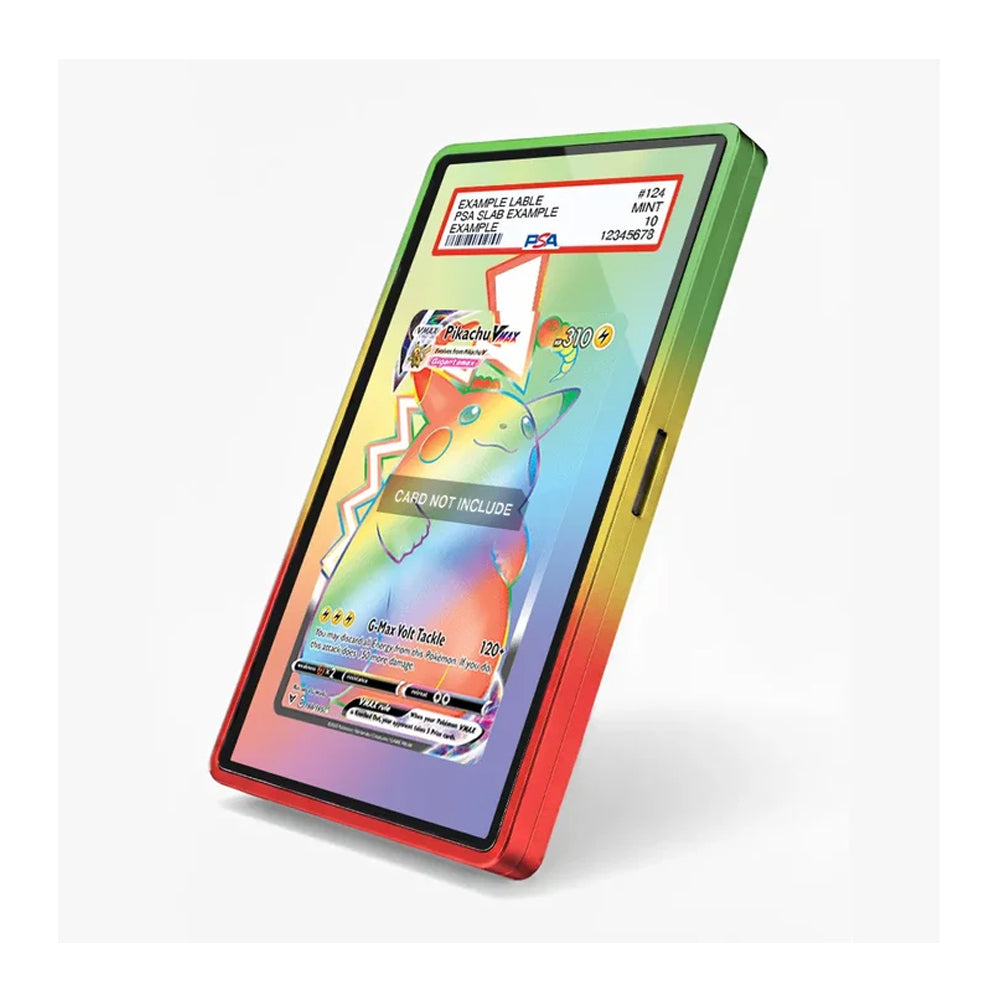 A slim rectangular tablet or phone-like device shown at an angle on a light gray background. The outer edge has a vivid iridescent gradient transitioning from green at the top to yellow, orange, and red at the bottom.