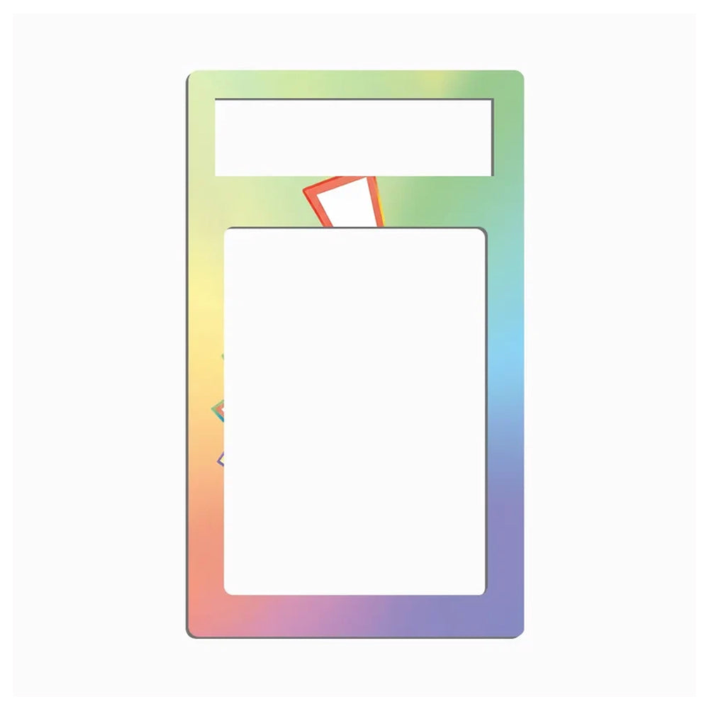 A rectangular metal frame with rounded corners, featuring a vibrant iridescent gradient border that transitions through green, yellow, orange, pink, and purple. The frame has two cutouts at the top, one of which is filled with a small red geometric shape, all set against a plain white background.