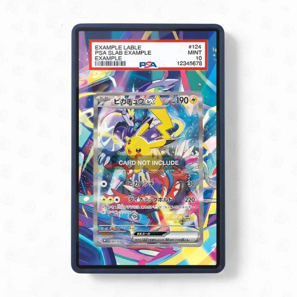 Pokémon trading card in a protective case on a white background