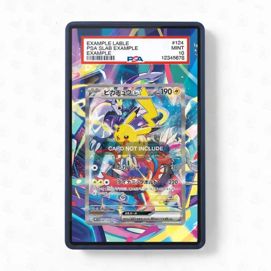 Pokémon trading card in a protective case on a white background