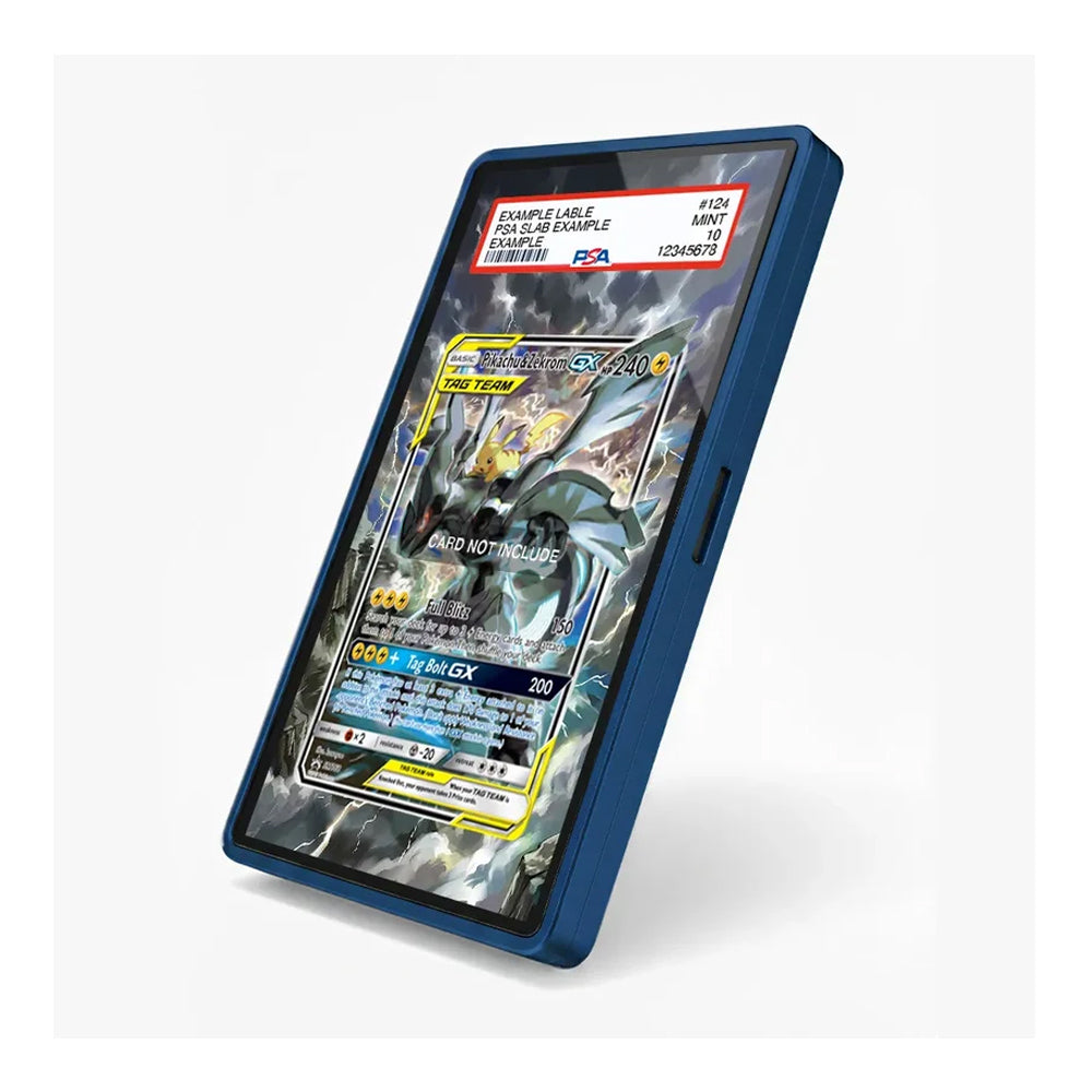 A blue protective phone case shown standing upright at an angle, displaying a Pokémon trading card game screen with a blue dragon character card. The case has a side button cutout on the right side.