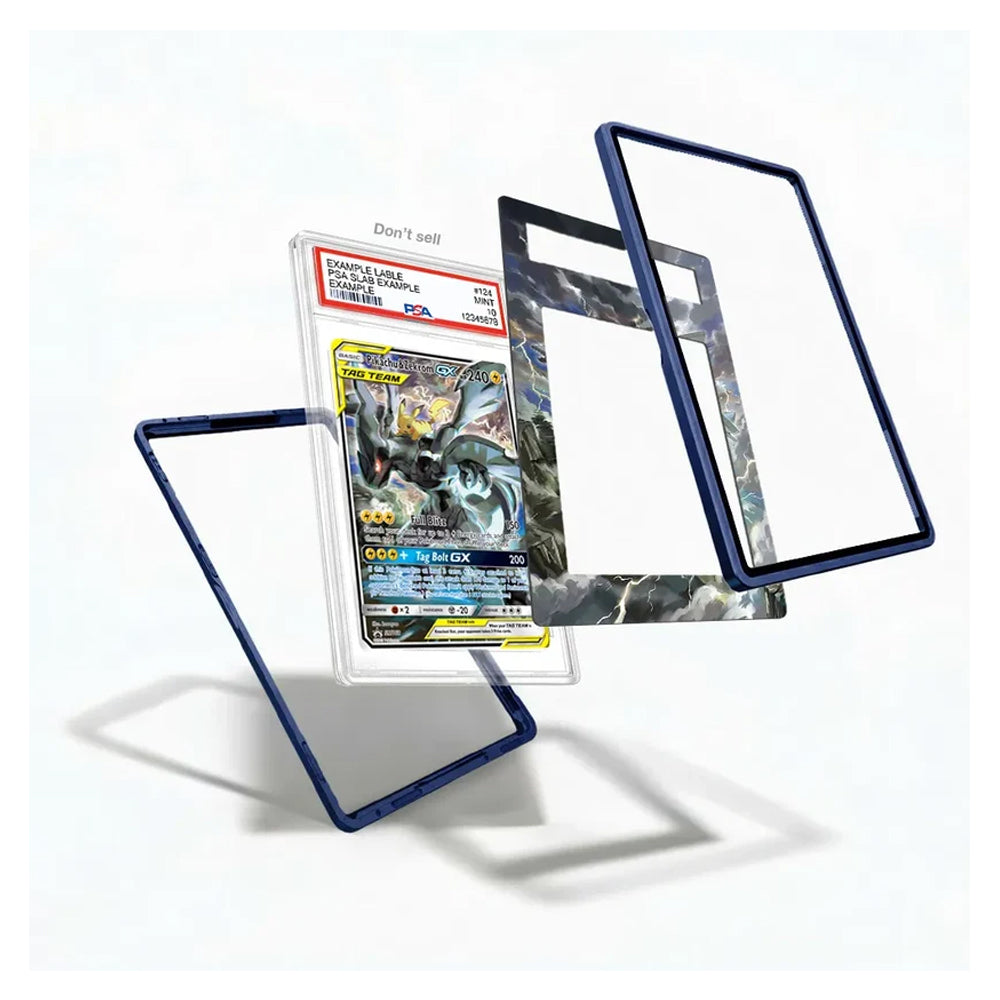 A clear protective card holder with a dark blue border shown in multiple angles, holding a graded Pokémon TCG card. The image includes a black-and-white marbled insert card and a second clear holder on a white background.