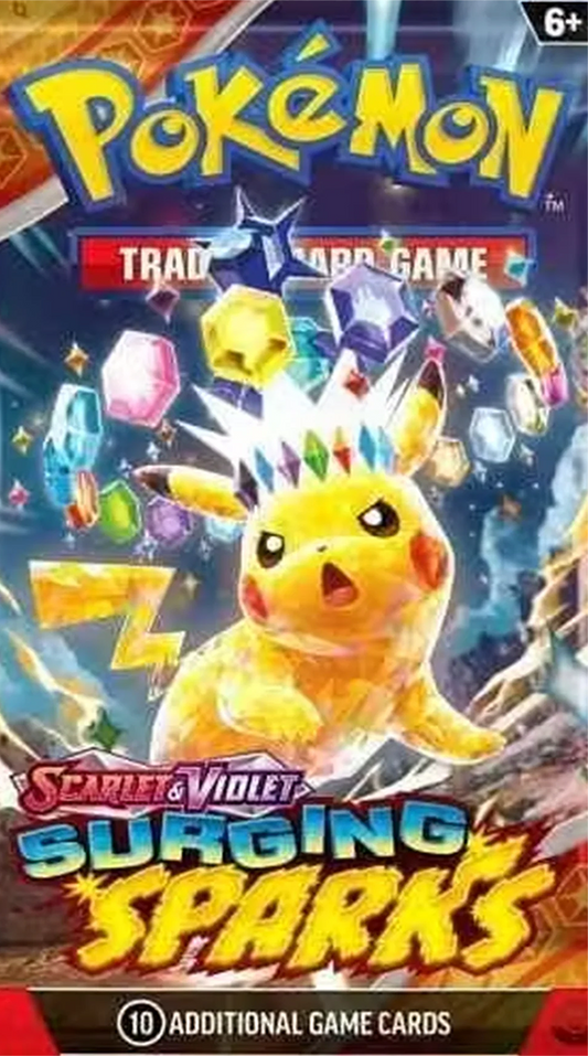 Pokémon trading card game pack with Pikachu and colorful gems on a red background