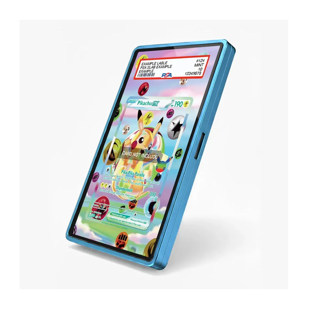 A blue smartphone shown at an angle on a light gray background, displaying a colorful Pokémon-themed screen interface.