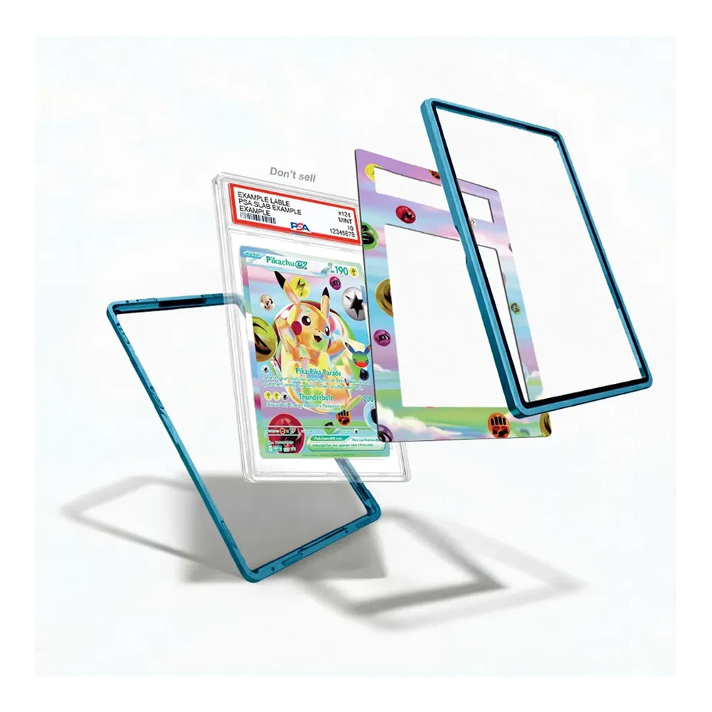 A set of transparent acrylic card protectors with colorful printed borders, shown floating around a graded Pokémon card on a clean white background.