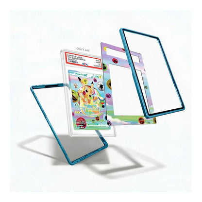 A set of transparent acrylic card protectors with colorful printed borders, shown floating around a graded Pokémon card on a clean white background.
