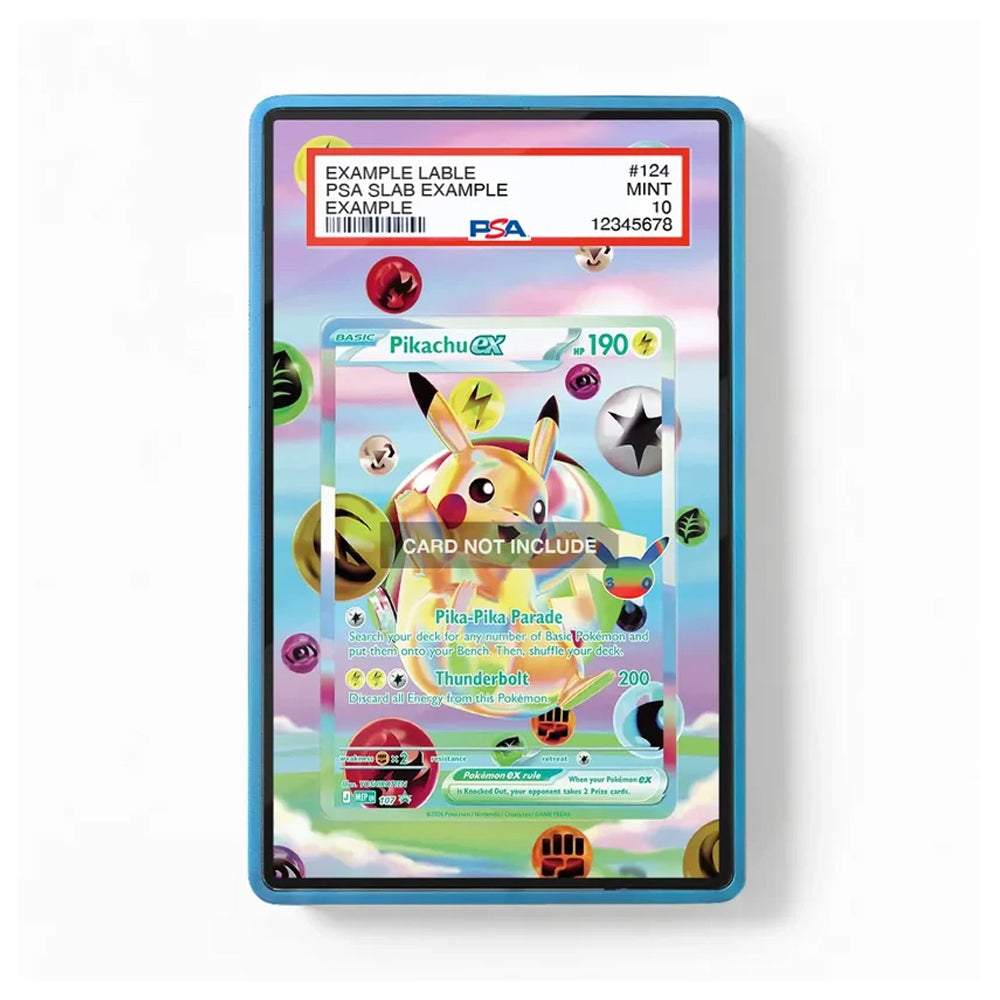 A framed art print featuring a colorful retro-style Pokémon card design with Pikachu, displayed against a plain white background.