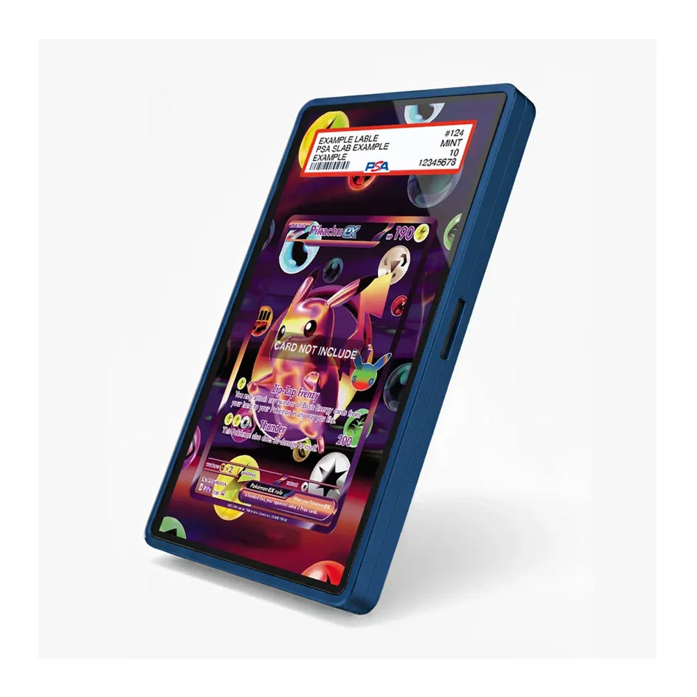 A blue protective phone case shown at an angle on a light gray background, featuring a colorful, cartoon-style graphic print on the screen area.