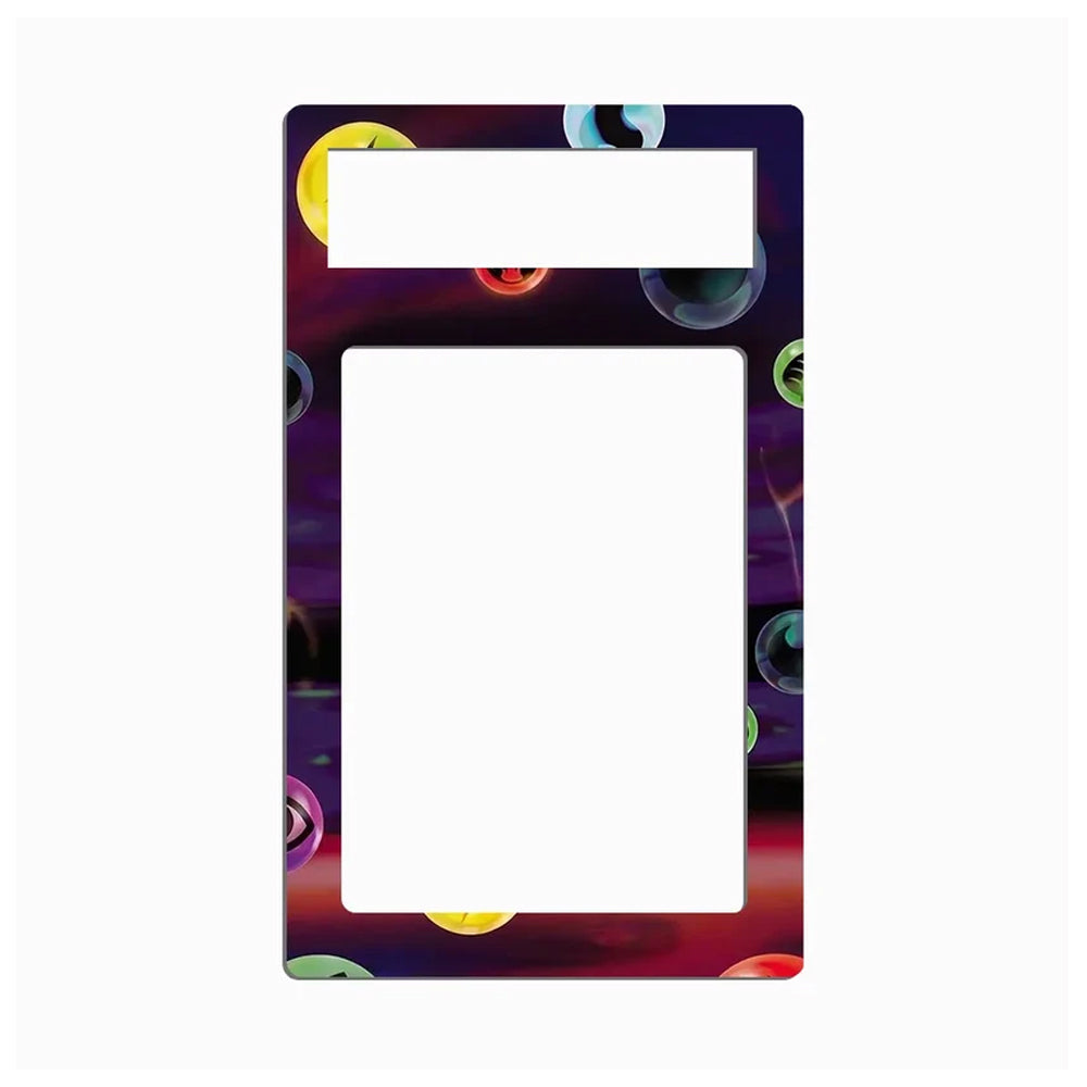 A decorative picture frame with a colorful abstract bubble pattern on a dark purple and red background, featuring two white cutouts for displaying photos.