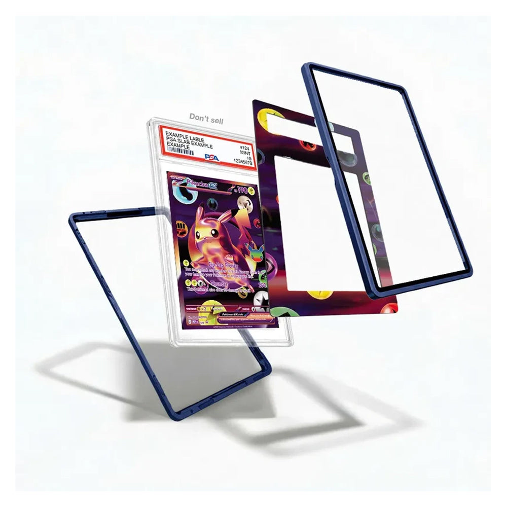 A floating product render of a Pokémon TCG trading card housed in a clear protective slab, surrounded by three separate dark blue frame pieces on a clean white background.