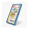A blue protective phone case shown at an angle on a light gray background, displaying a colorful holographic Pokémon trading card design on its screen.