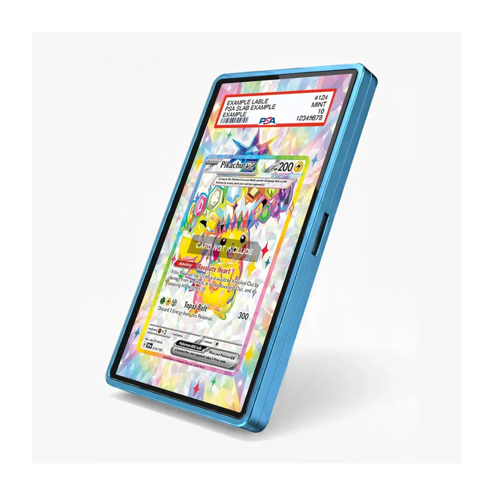 A blue protective phone case shown at an angle on a light gray background, displaying a colorful holographic Pokémon trading card design on its screen.