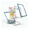 A clear acrylic Pokémon card holder with a metallic teal blue frame, shown holding a Pikachu card and displaying two additional transparent panels with pastel rainbow patterns on a white background.
