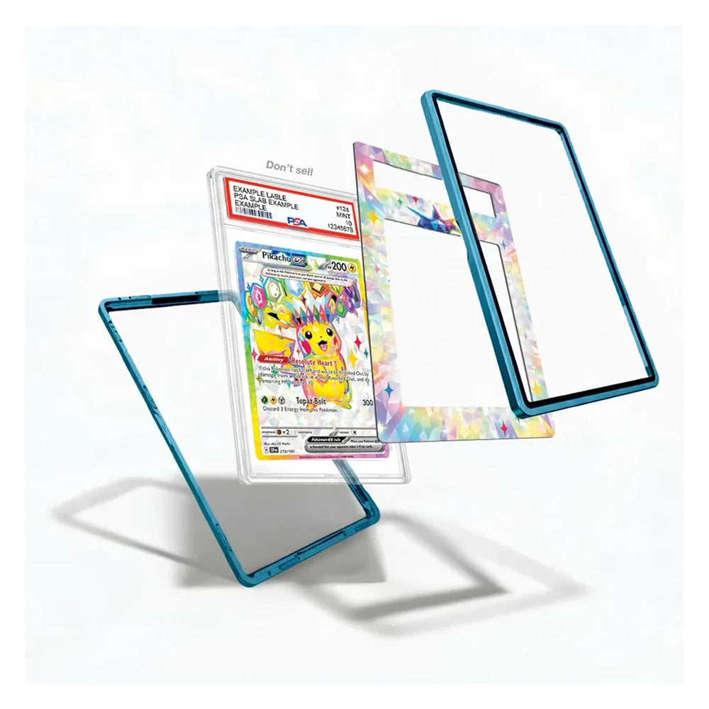 A clear acrylic Pokémon card holder with a metallic teal blue frame, shown holding a Pikachu card and displaying two additional transparent panels with pastel rainbow patterns on a white background.