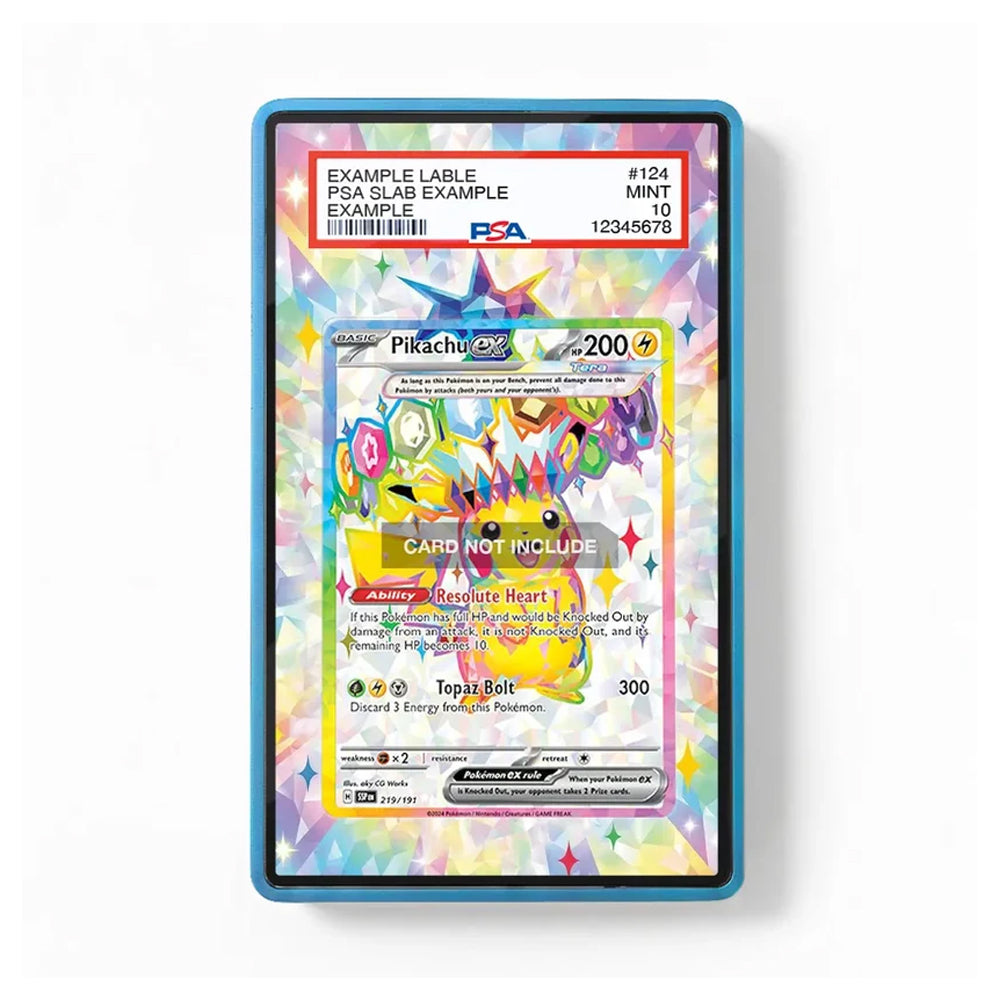 A framed or bordered sample Pokémon trading card on a white background, with a colorful holographic-style border and a central card preview showing Pikachu. The top section includes a PSA slab label and card details.