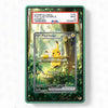 Pokémon trading card featuring Pikachu in a forest design with a PSA slab label on top.
