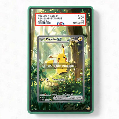 Pokémon trading card featuring Pikachu in a forest design with a PSA slab label on top.