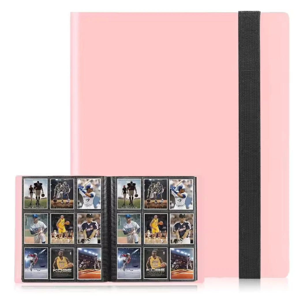 Pink trading card album with black strap displaying trading cards of athletes in various poses.