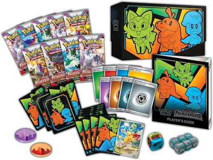 Pokémon trading card game set with cards, dice, and guidebook on a white background