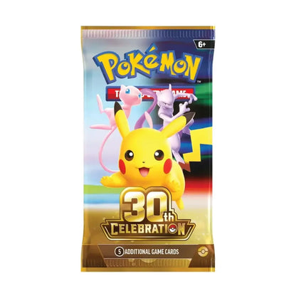 Pokémon 30th Celebration booster pack featuring Pikachu, Eevee, and Eeve’s progenitor on the front, with a gold border and '30th Celebration' text.