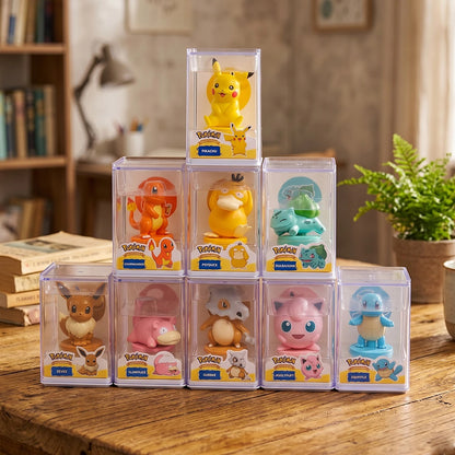 Cute Pokémon anime mini figure collection in transparent acrylic display boxes with Pikachu, Eevee, Jigglypuff, Psyduck, Cubone, and more