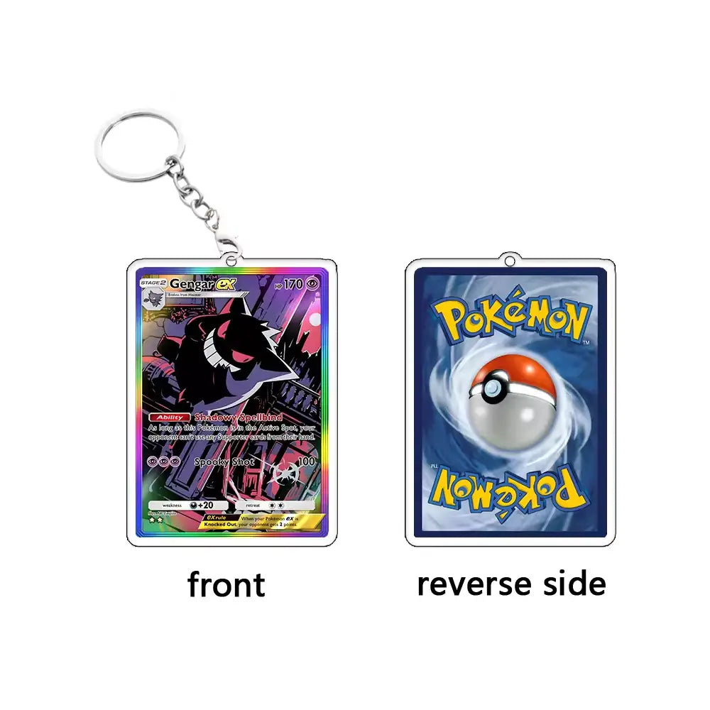 A rectangular Pokémon keychain shown from both sides on a white background. The left side is labeled 'front' and shows a holographic Graveler card design with a silver key ring.