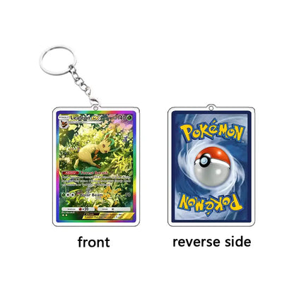 A rectangular acrylic keychain shown from both sides on a white background. The left side is labeled 'front' and shows a colorful Pokémon card design with a Eevee illustration and a silver key ring.