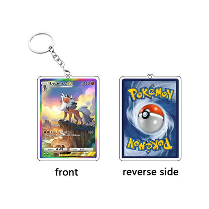 A rectangular acrylic keychain shown from both sides on a white background. The left side is labeled 'front' and shows a colorful Pokémon card design with a key ring attached at the top.