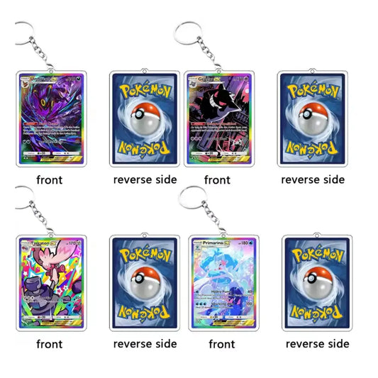 Eight Pokémon trading card acrylic keychains shown in a 4-by-2 grid on a white background, each labeled front and reverse side. The keychains feature colorful holographic card art and the Pokémon logo.