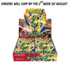 A Pokémon Super Metulr display box filled with booster packs, shown on a plain white background with a text banner at the top stating orders will ship by the 2nd week of August.