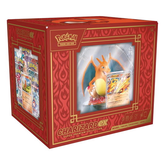 Pokémon Charizard EX Super Premium Collection box with cards and figure on a white background