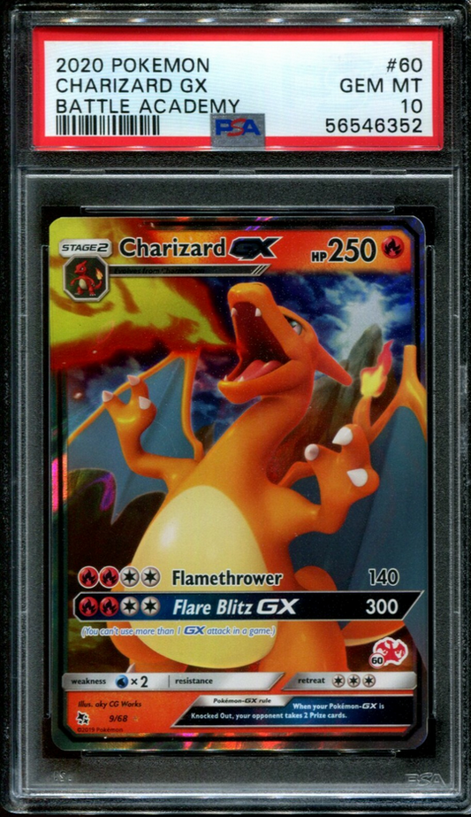 Pokémon Charizard GX trading card in a protective case with a PSA label.