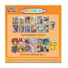 A promotional display card for Pokémon trading cards and character-themed card displays, showing sample card art, a hidden card, and several character keychains on an orange background with Chinese text.