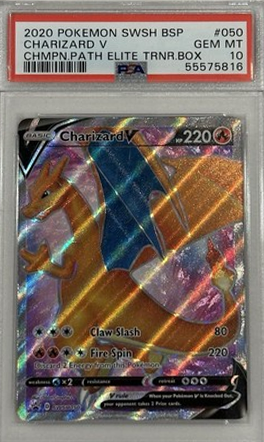 Pokémon Charizard V trading card in a protective case with PSA grading label